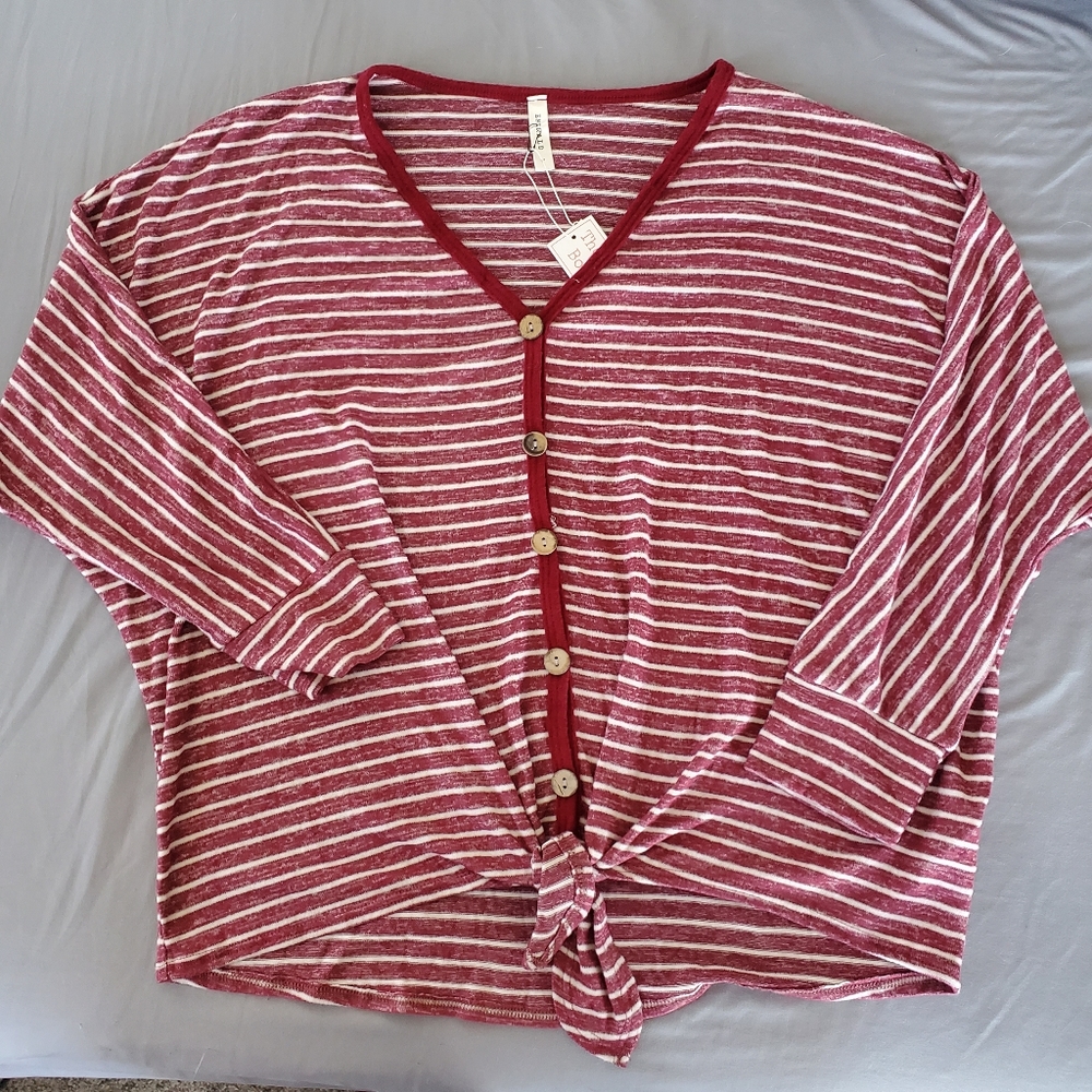 Emerald Womens Large Striped Knit Crop 3/4 Sleeve Tie Front Boutique Top NWT